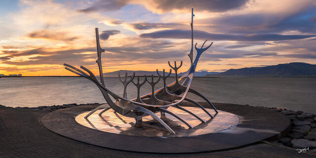 Sun Voyager sculpture at sunset in Reykjavik, Iceland.