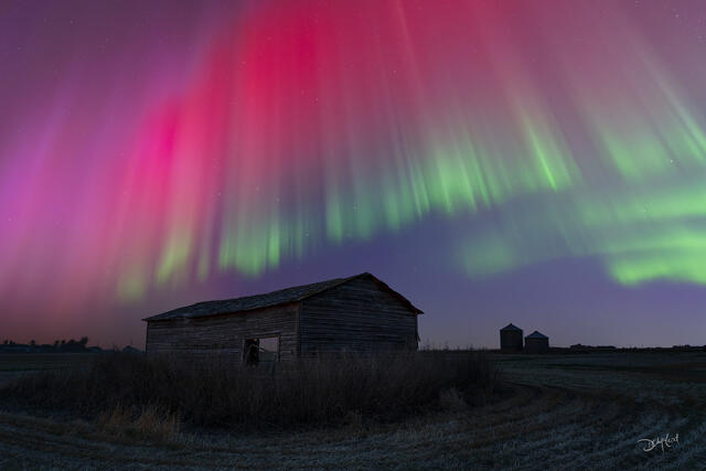 Aurora borealis over old farm building at night in Saskatchewan, Canada.