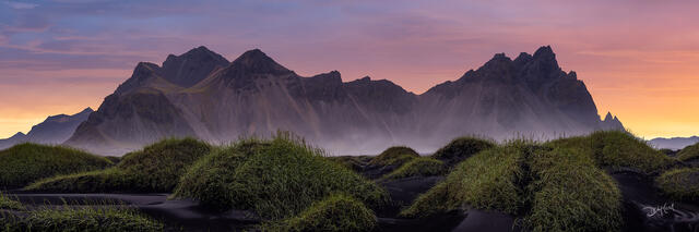 Vestrahorn mountain in Iceland under the midnight sun.