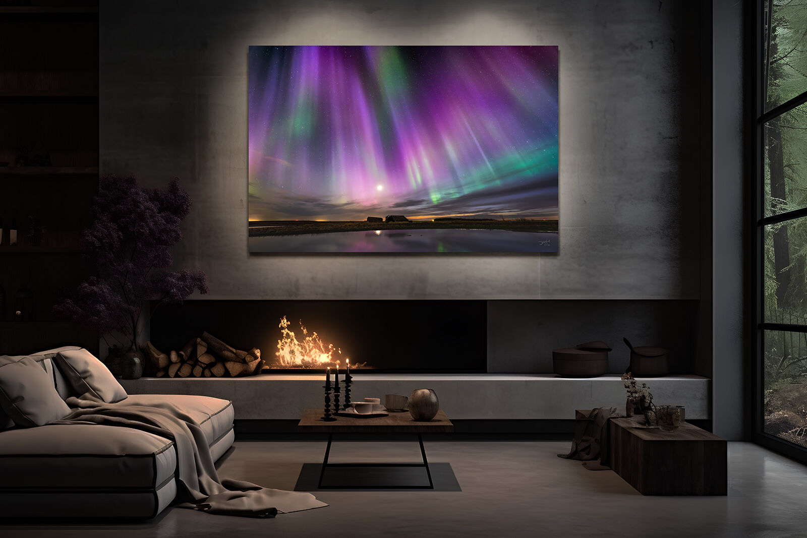 A large photographic print of colorful aurora hangs on the wall over a fireplace in an upscale living room.