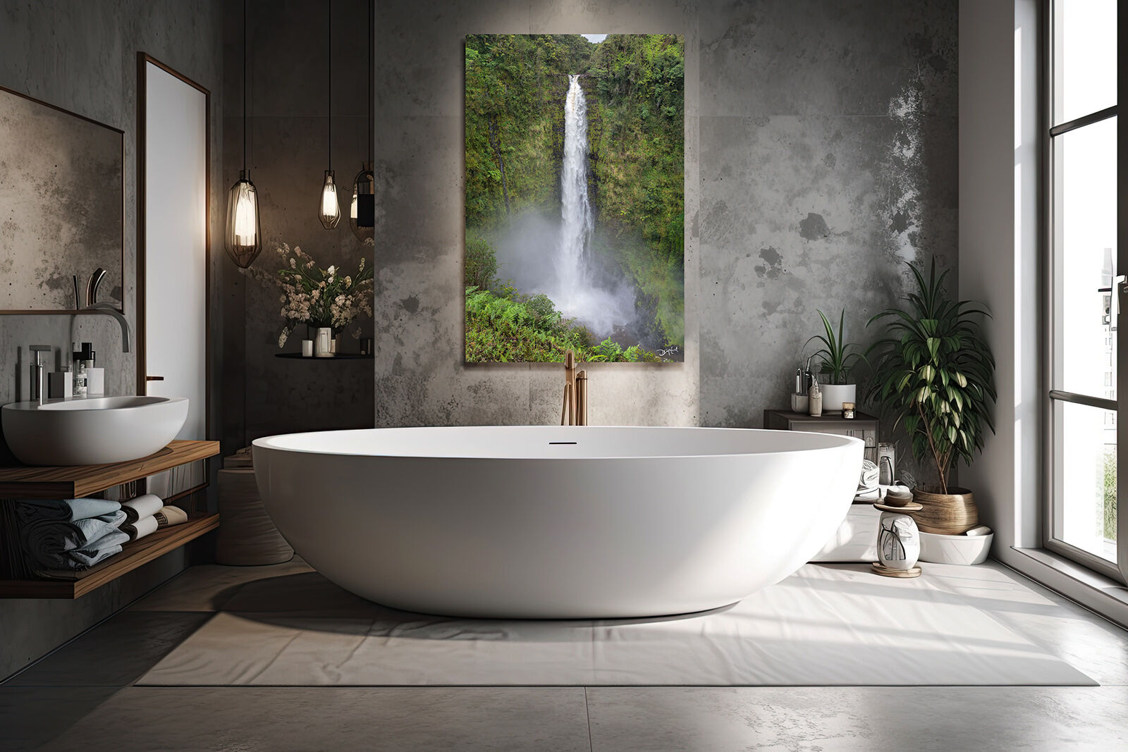 A large photographic metal print of Akaka Falls in Hawaii hangs over a bathtub in an upscale bathroom.