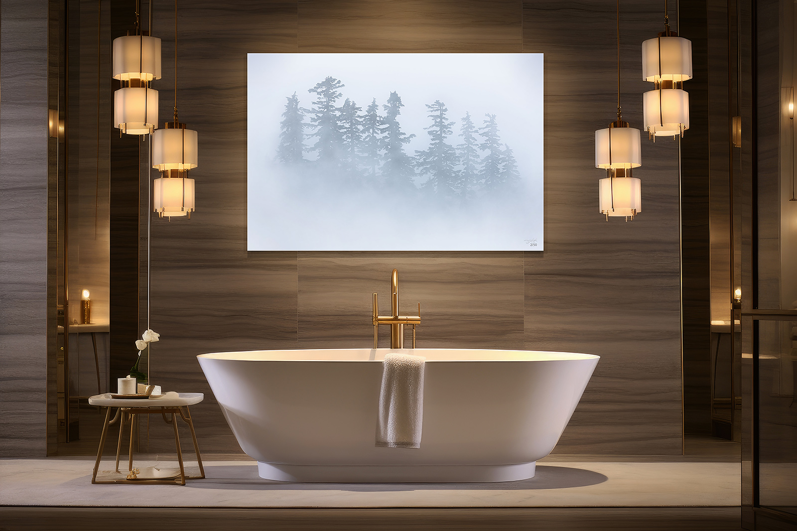 A photographic print of spruce trees in thick fog hangs over a bathtub in a contemporary bathroom.