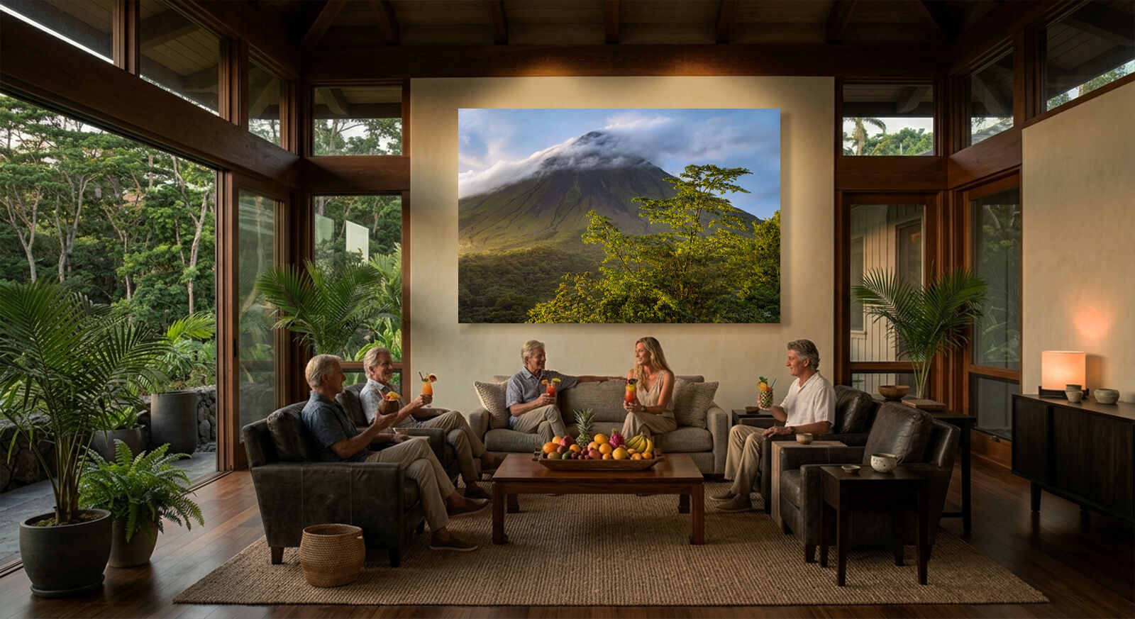 Oversized Arenal volcano fine art print in living room of Costa Rica luxury home.