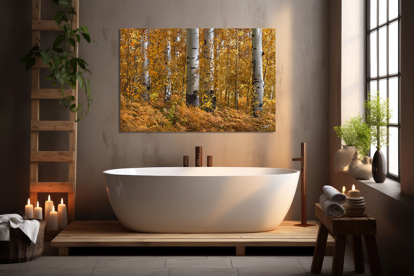 A photographic metal print of aspen trees in fall colour hangs over a bathtub in an upscale home.
