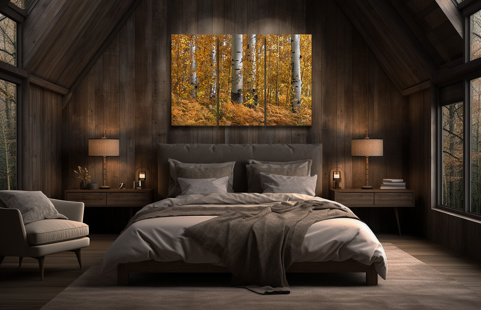 Triptych print with standard 2:3 ratio of tranquil aspen trees in autumn.