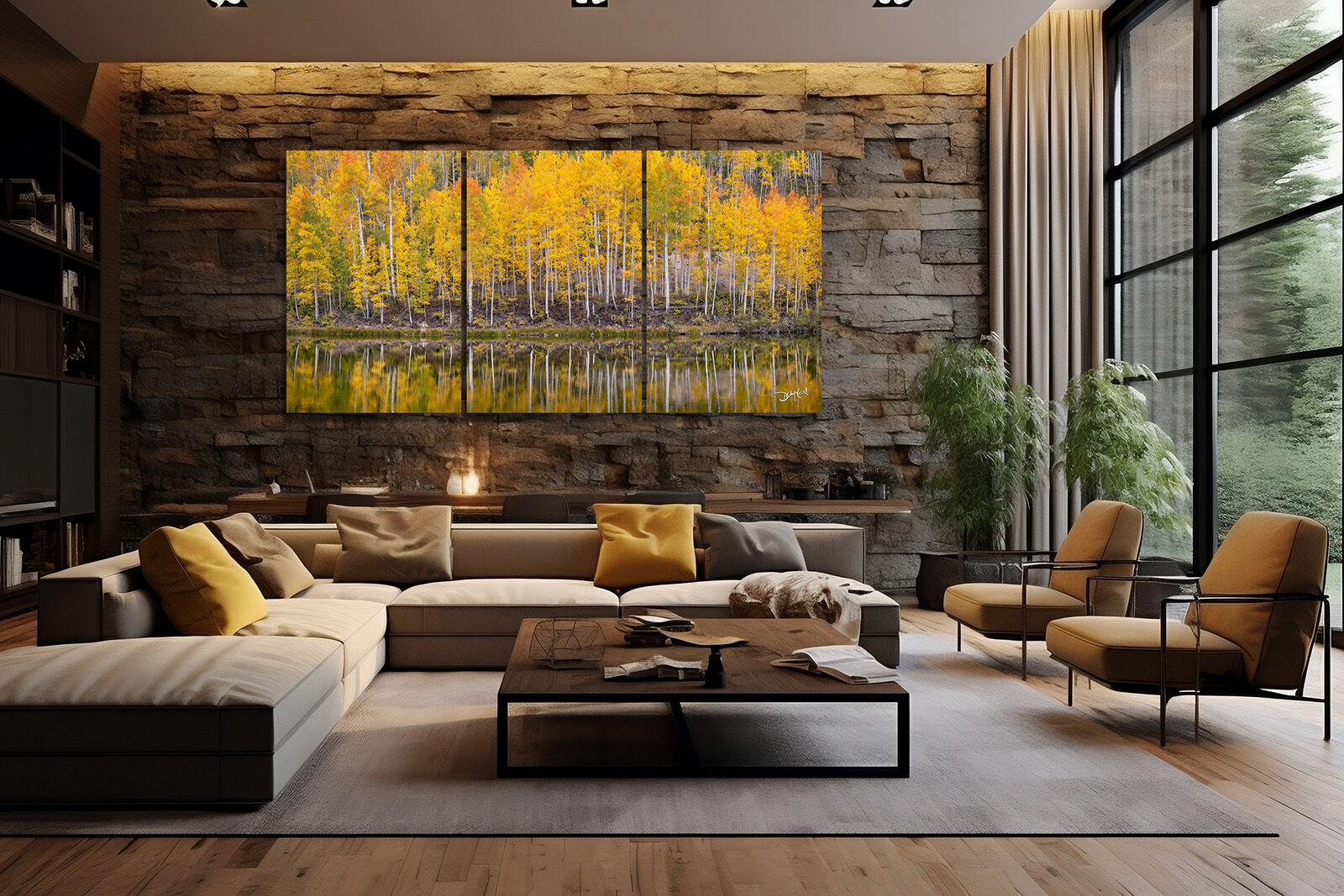 Wide panoramic living room wall featuring a triptych print of colourful autumn aspens.