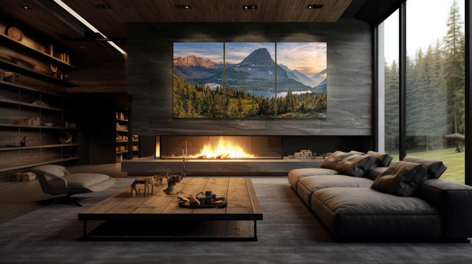 Bearhat Mountain panoramic acrylic triptych print over fireplace in chalet style living room.