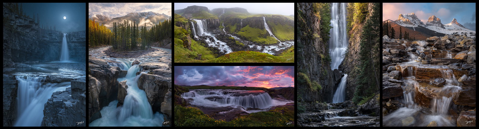 Collage of beautiful waterfall pictures by Dean McLeod, showcasing vibrant water and forest scenes.