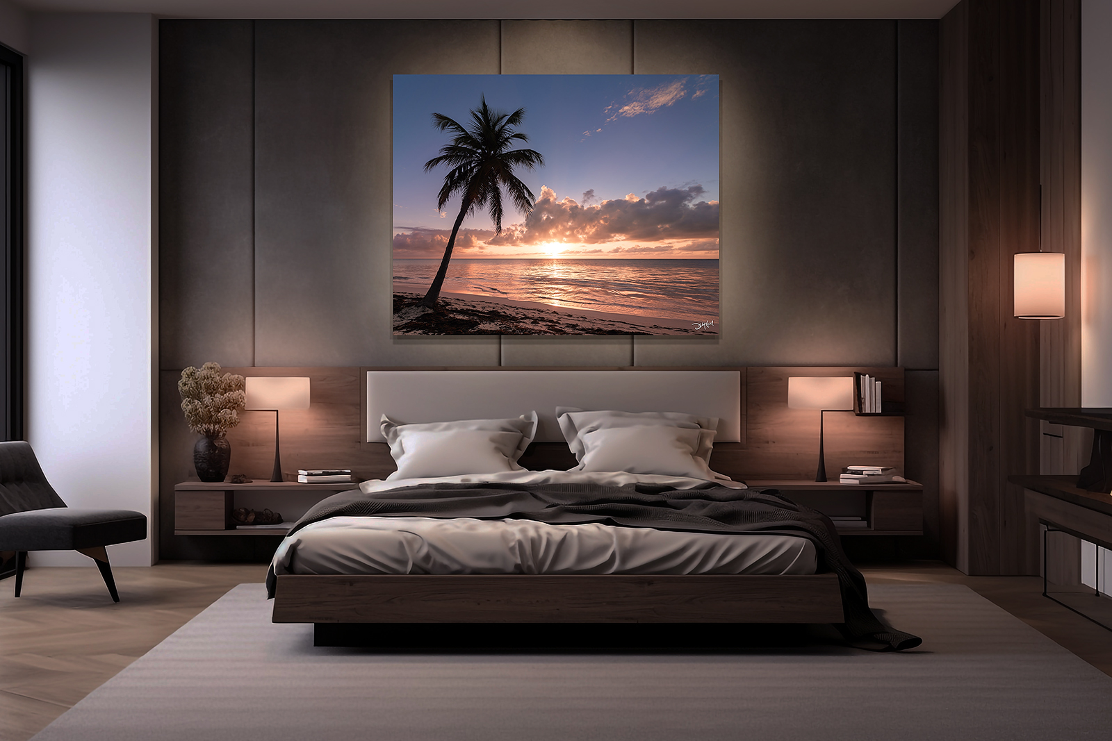 Oversized ocean sunrise photo wall art creating a calming atmosphere in a cozy bedroom.
