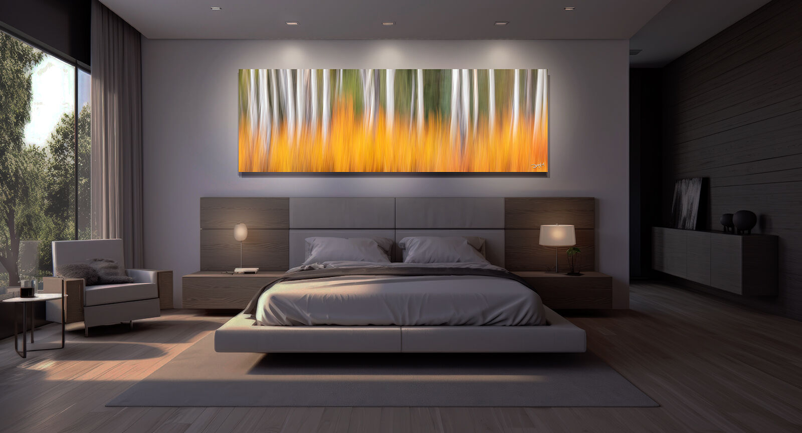 Large wall art with accent lighting for gallery effect.