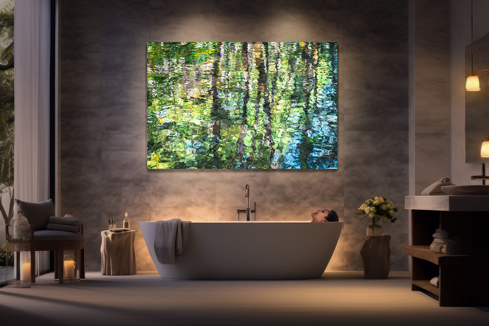 Large waterproof metal wall art in modern bathroom.