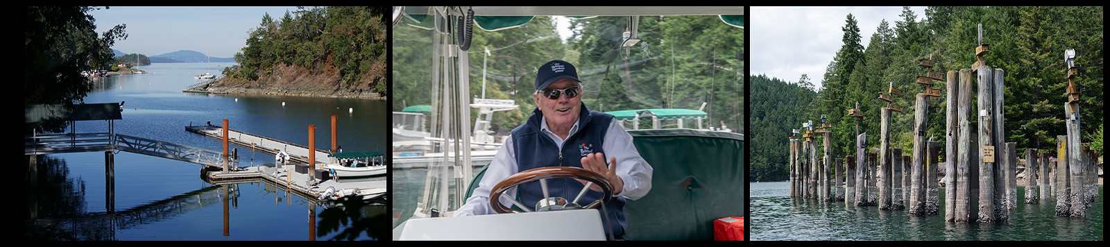 Butchart Cove, a Butchart boat tour guide, and pilings from the old cement plant wharf near Butchart Gardens.