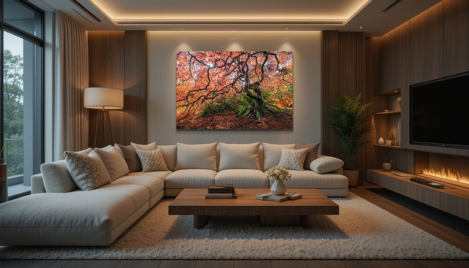 Japanese maple tree fine art print in a living room, bringing the elegance and vibrancy of Mother Nature indoors.