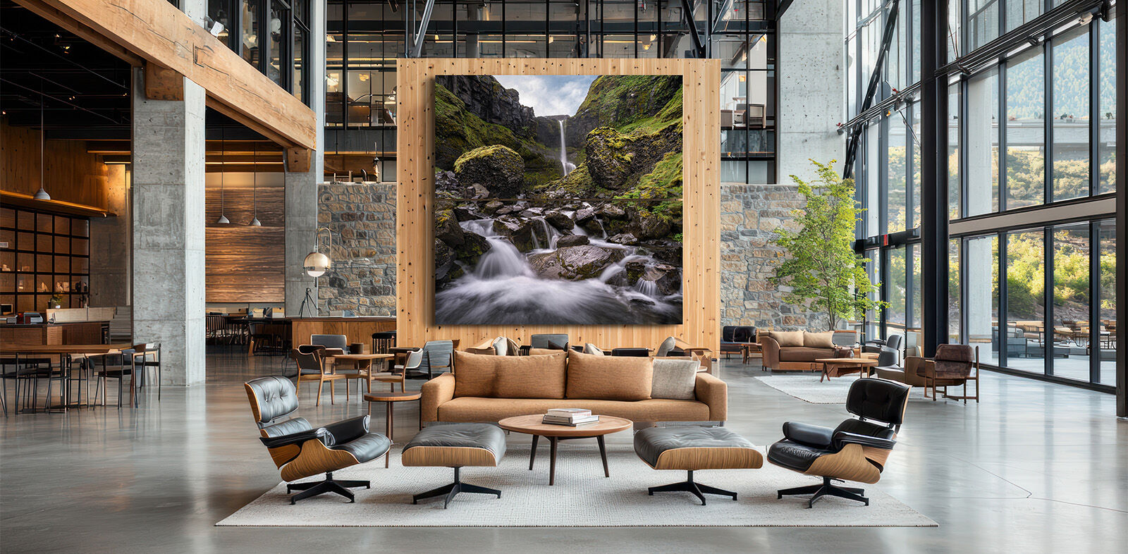 Bugsfoss Iceland waterfall diptych fine art print hotel lobby.