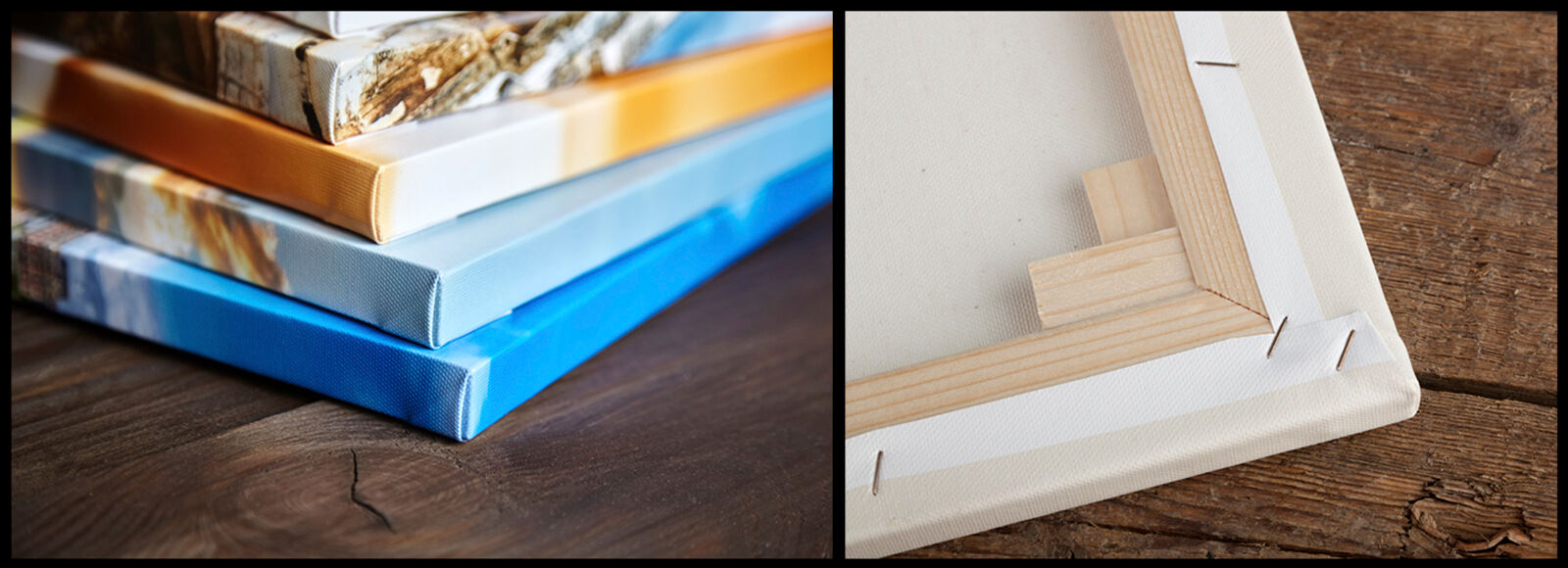 Close up corner details of canvas wall art prints.