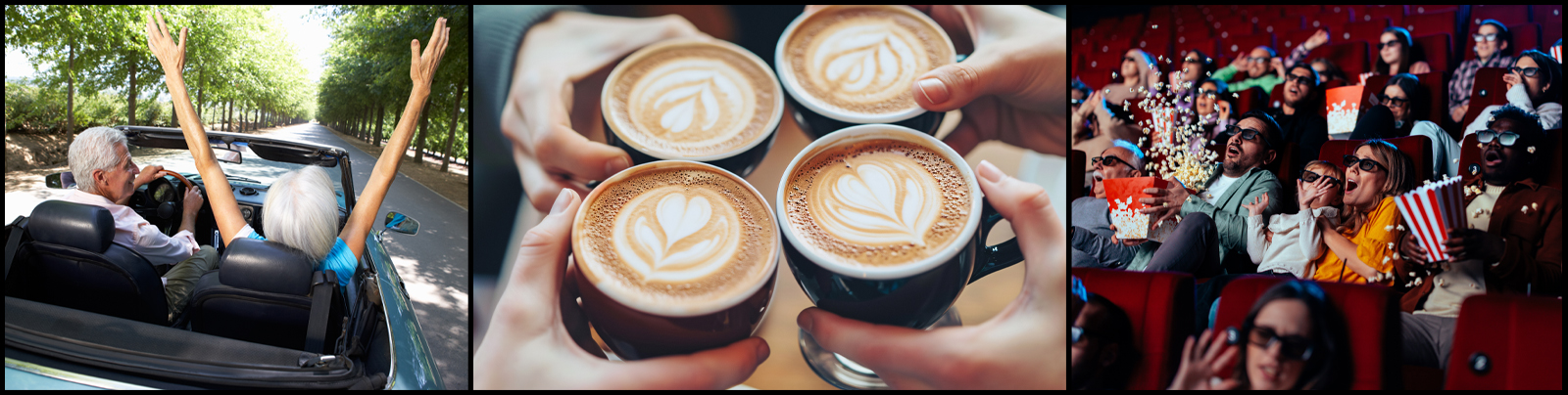 Collage of three images; people driving in a convertible, four cups of coffee, and people watching scary movie in a theater.