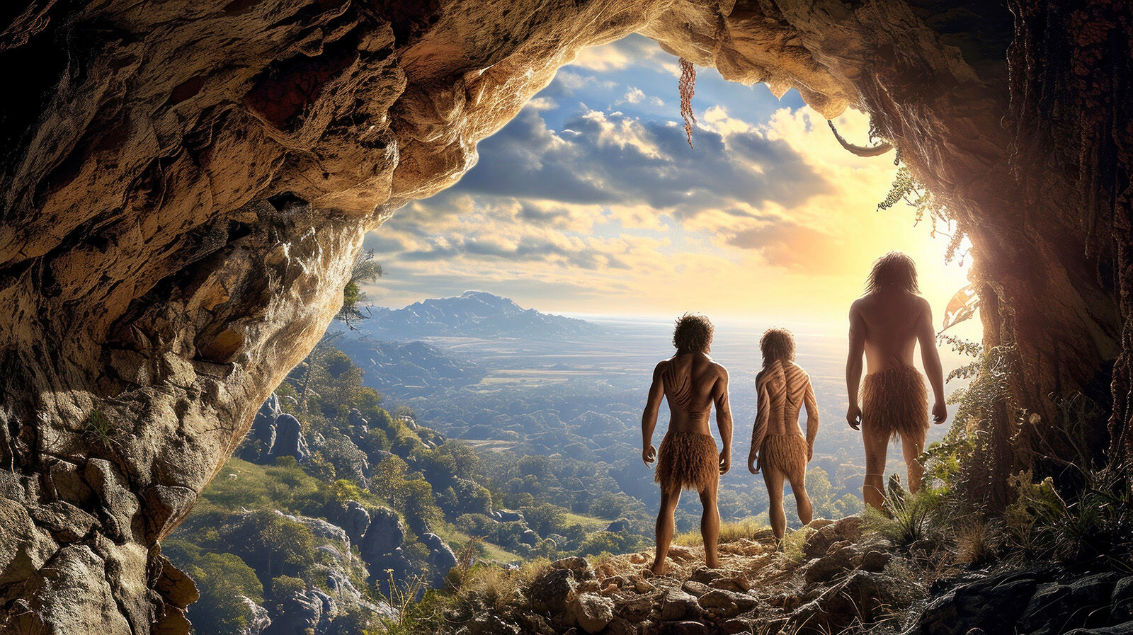 Cavemen looking out of a cave high on a hill, overlooking the landscape.