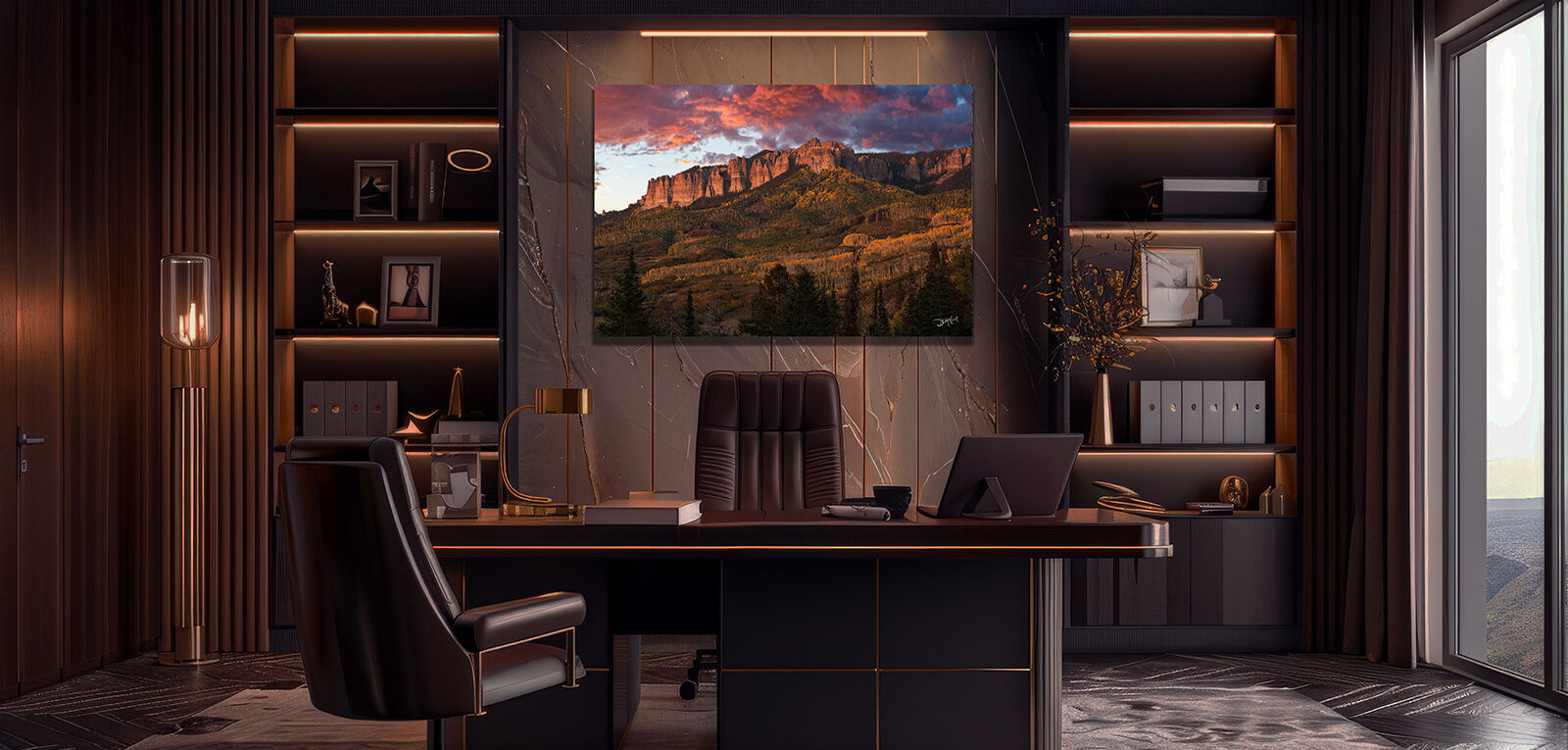 Cimarron Ridge mountain acrylic print in office setting.