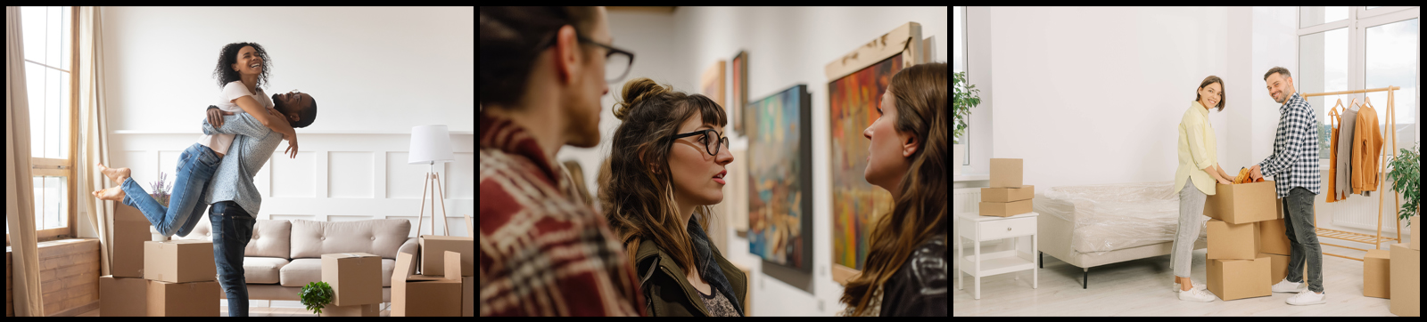 A collage of different couples moving into new homes and shopping for art.