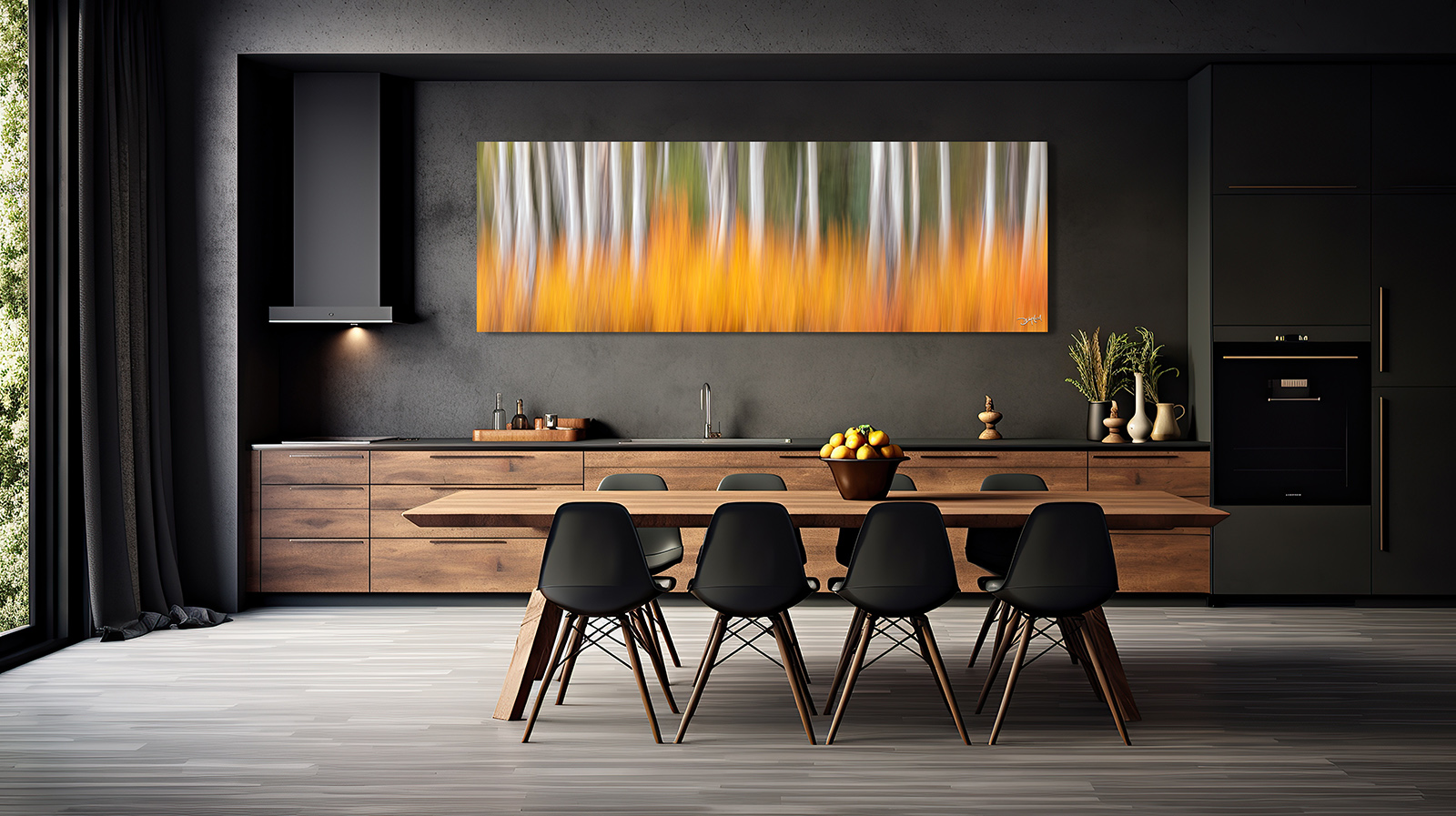 Panoramic abstract metal photo wall art adding energy and elegance to a kitchen.