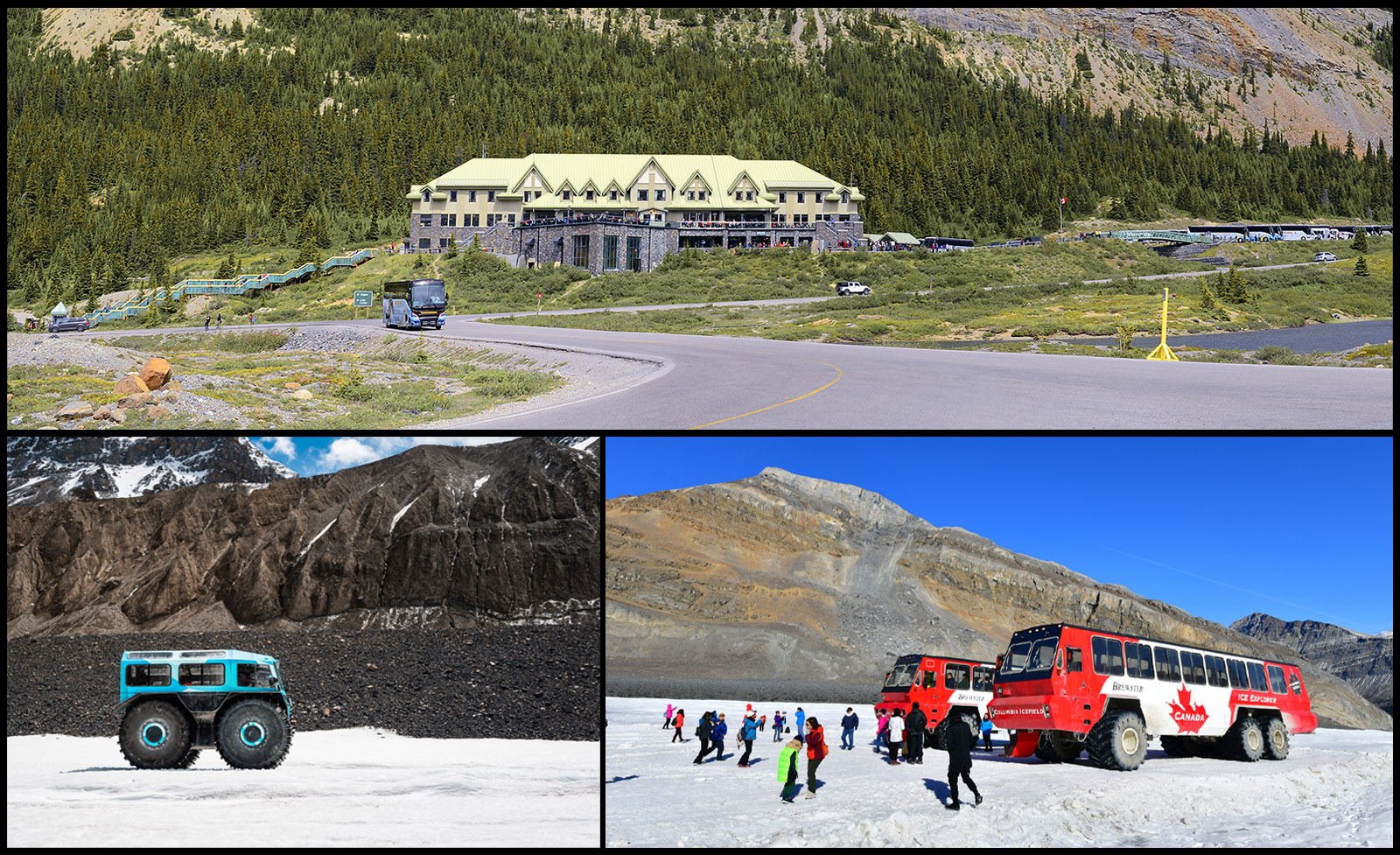 Columbia Icefield Discovery Centre and all-terrain ice explorer vehicles, Icefield Parkway.