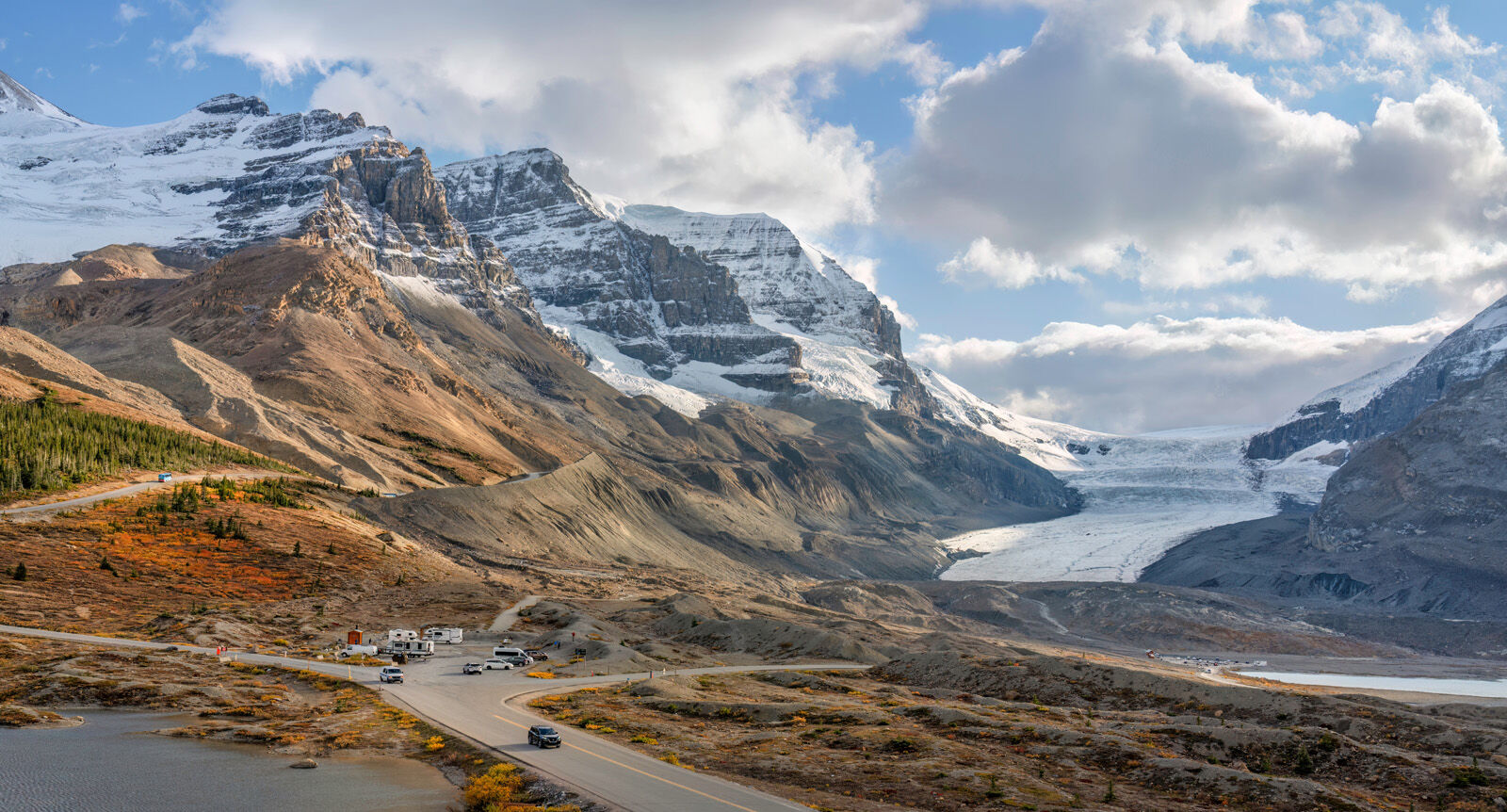 Athabasca Glacier flowing from the Columbia Icefield beneath Mount Athabasca, Icefields Parkway.