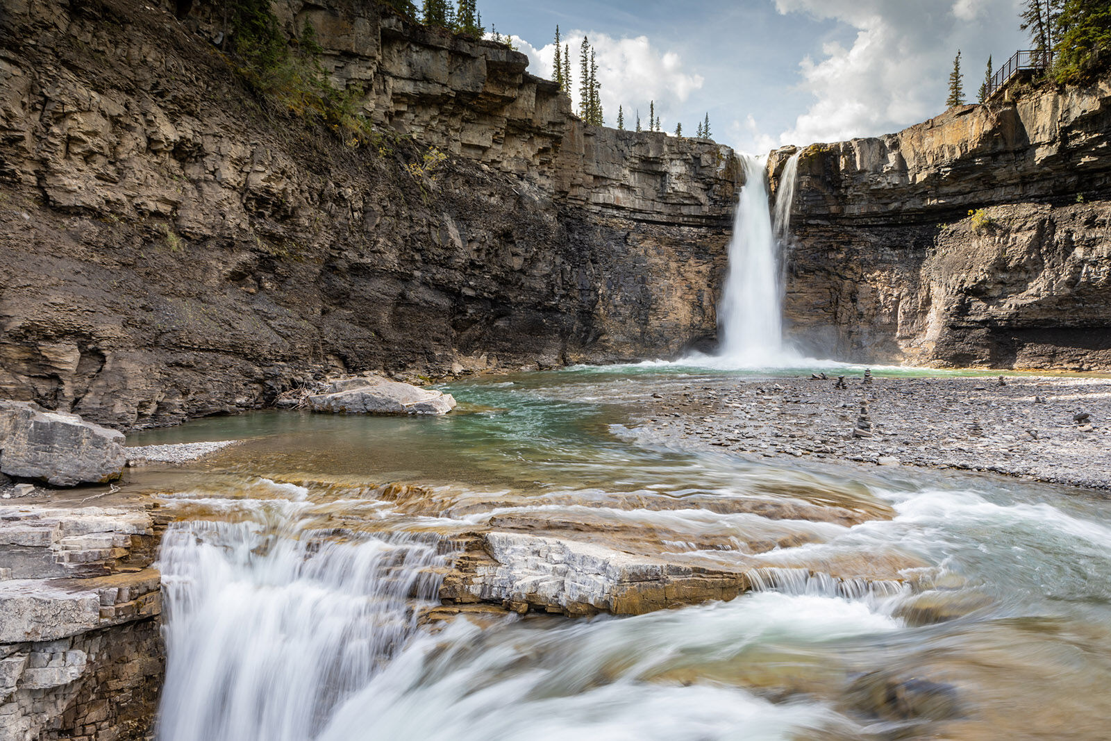 A double waterfall called Crescent Falls on the Bighorn River in Alberta, Canada.