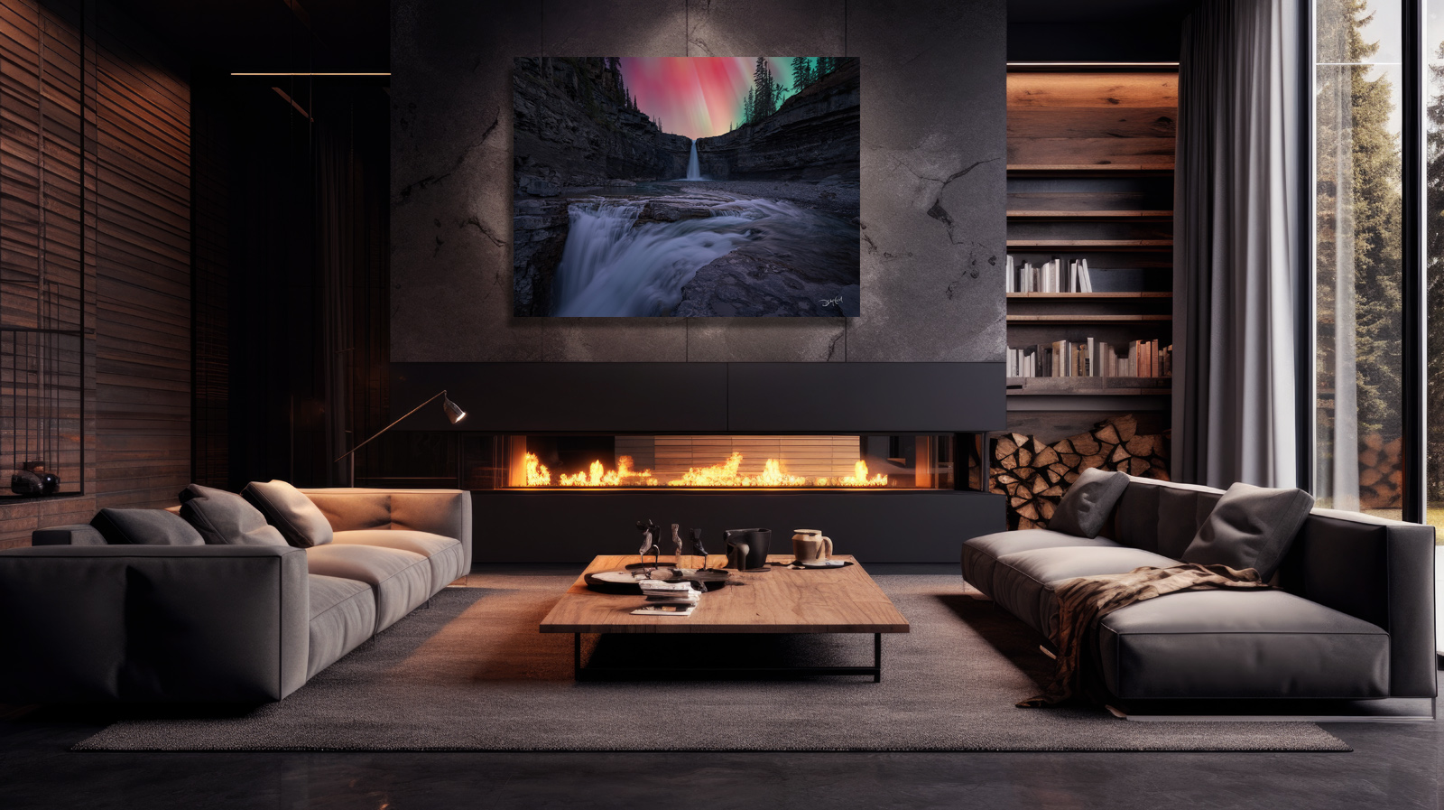 Crescent Falls with aurora in the sky appears as a photographic print over a fireplace.