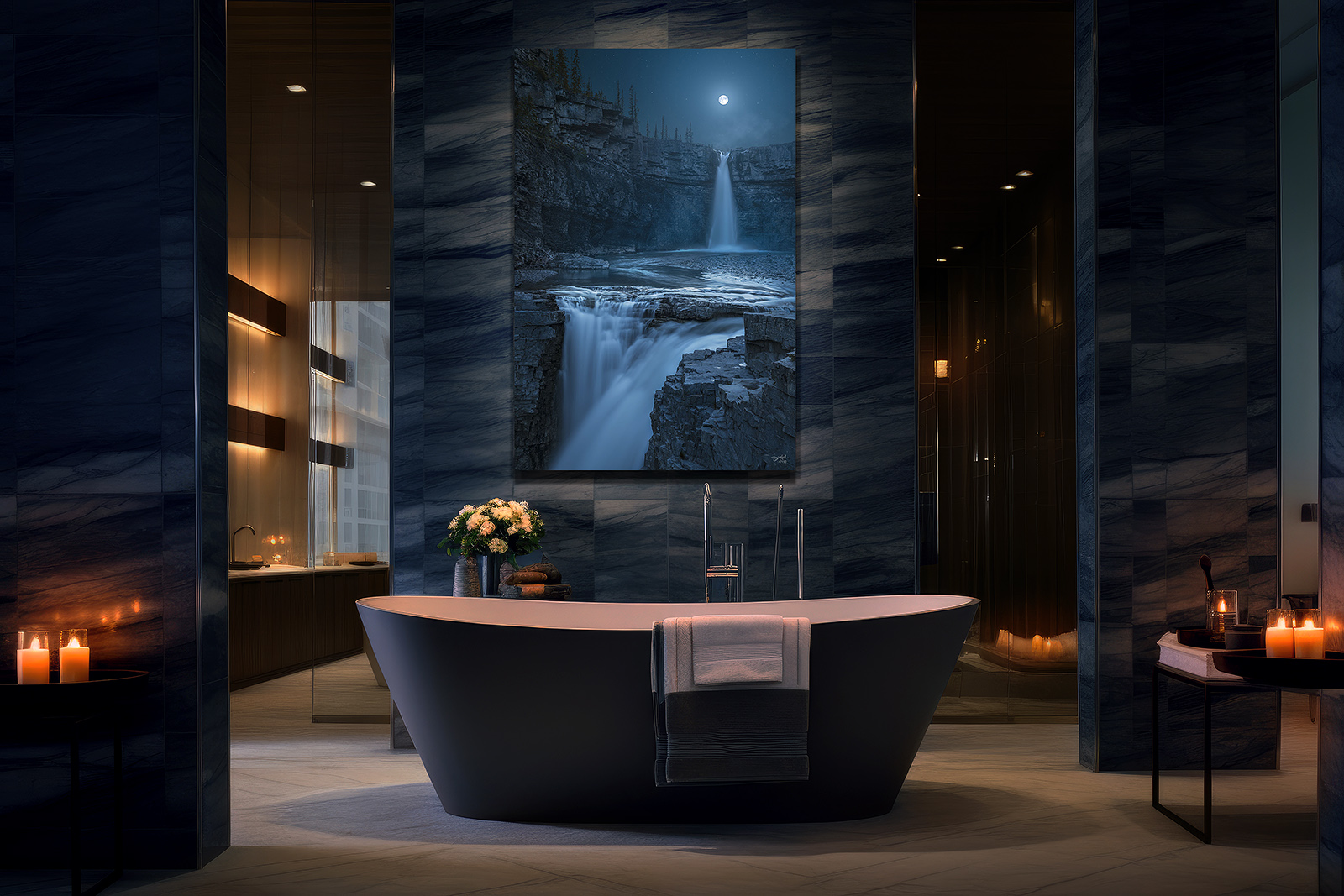A large photographic metal print of Crescent Falls hangs over a bathtub in a luxurious home.