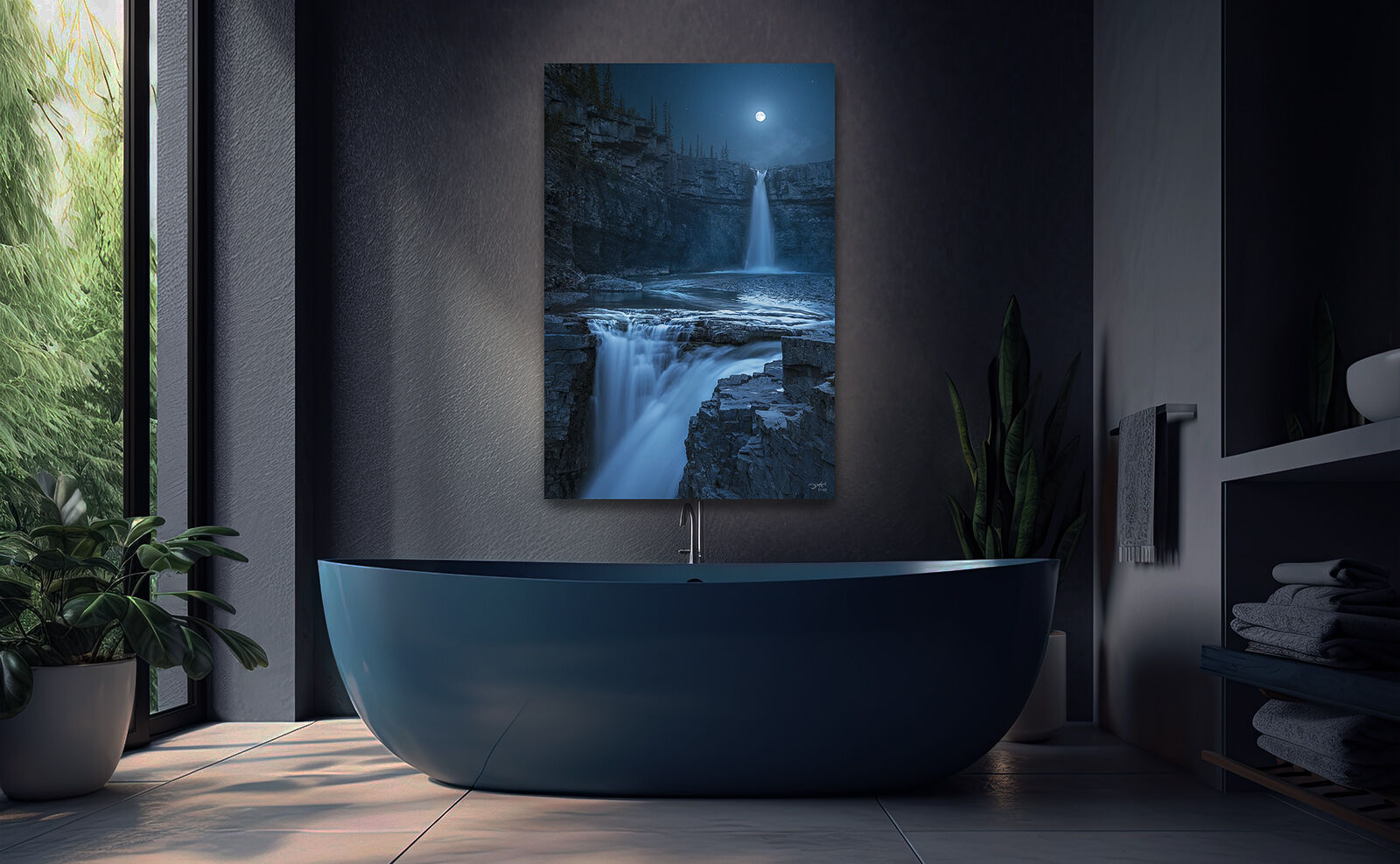 A photographic waterfall picture of Crescent Falls in Alberta, Canada hangs over a blue bathtub in a modern ensuite bathroom.