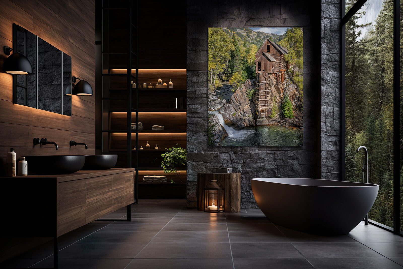 A photographic metal print of Crystal Mill hangs over a bathtub in an upcscale home.