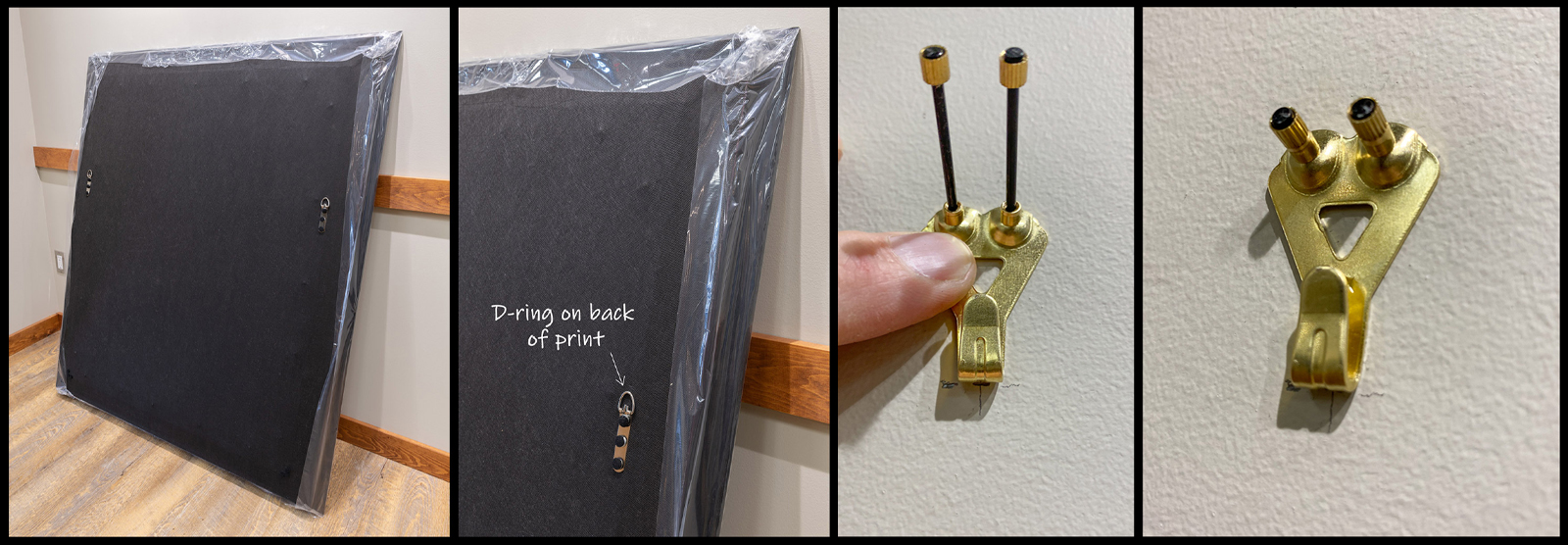 The D-ring hanging system for framed acrylic photo prints.