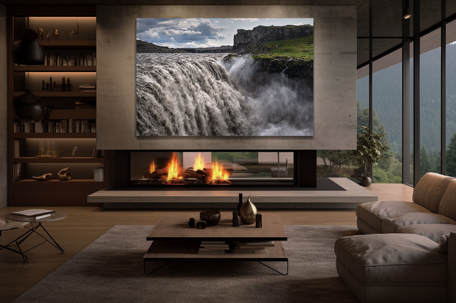 A large photographic print of the mighty Dettifoss waterfall in northeastern Iceland hangs over a fireplace in an upscale living room.
