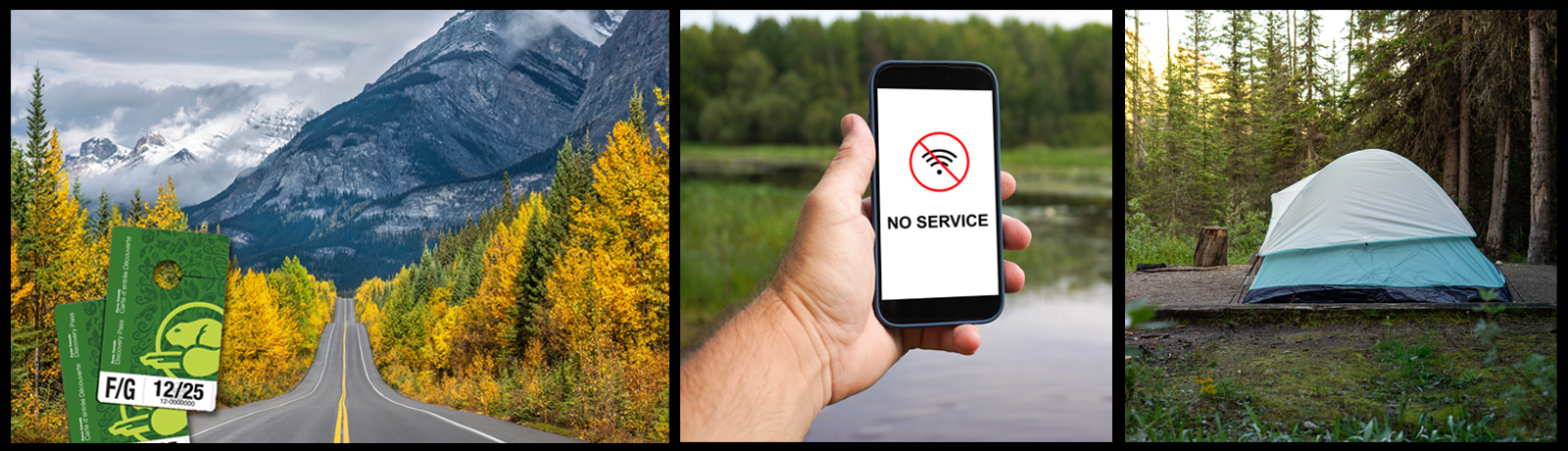 Parks Canada pass, no cell service, camping collage of images from the Icefields Parkway.