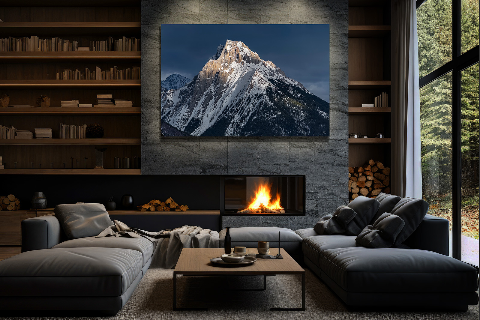 An oversized photographic print of a mountain peak hangs on the wall of a living room over a stone fireplace.