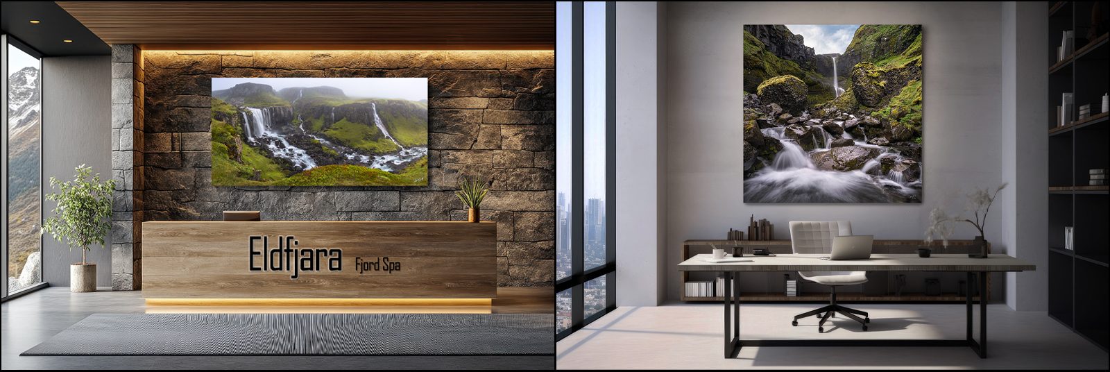 Left: panoramic Icelandic waterfall valley print &lsquo;Dream&rsquo; hanging in a fictitious Icelandic spa lobby behind front desk. Right: large square print &lsquo;Bugsfoss&rsquo; hanging in a CEO&rsquo;s office with floor-to-ceiling windows, desk, chair, and plants.