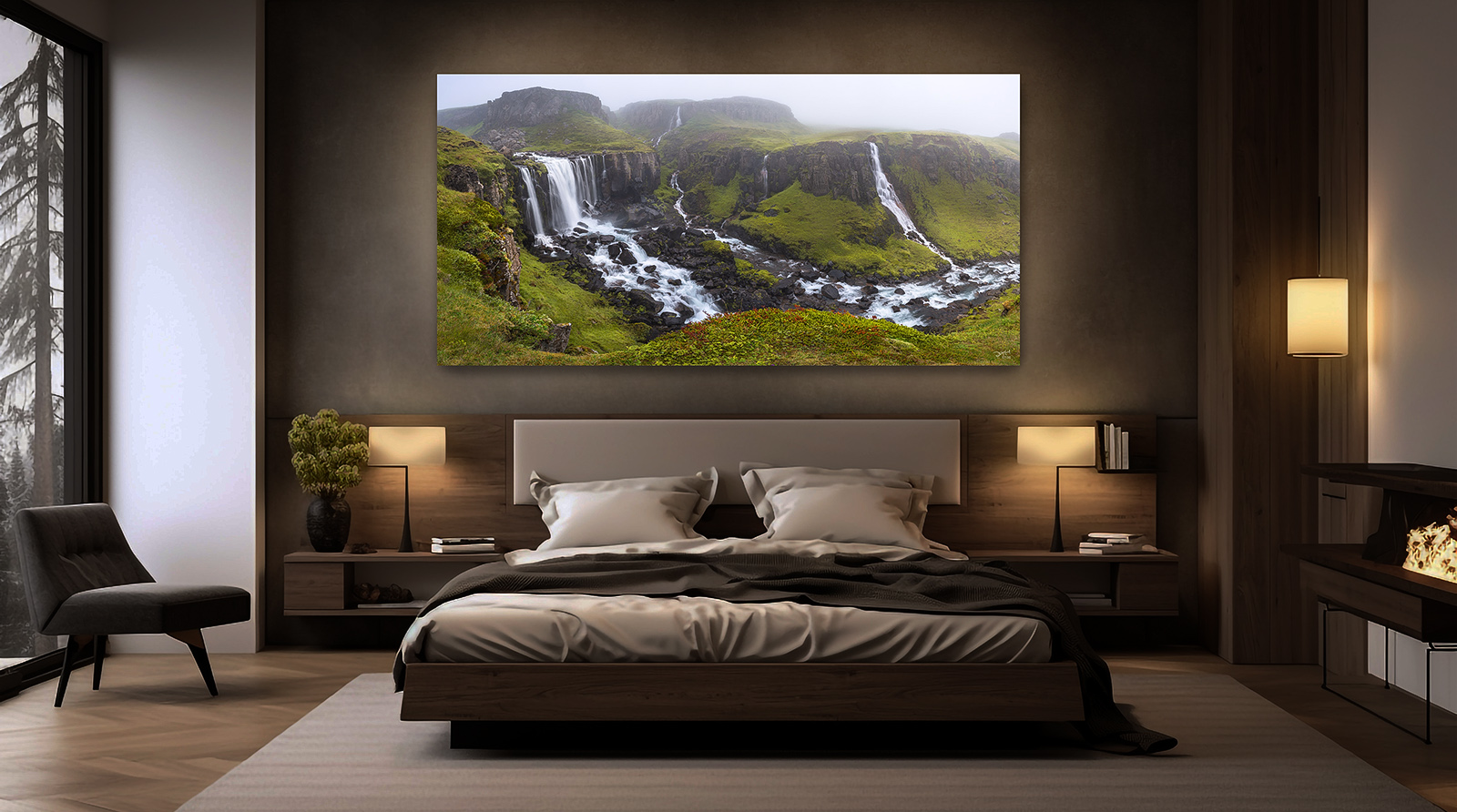 A large panoramic photographic print of a waterfall valley in Iceland hangs over a bed in an upscale home.