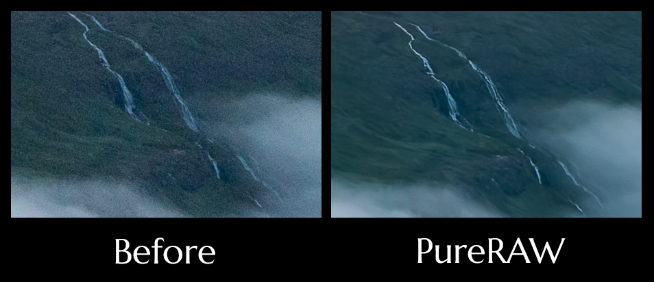 Before and after infographic showing a drone photograph when processed with DxO PureRAW 5 noise reduction software.
