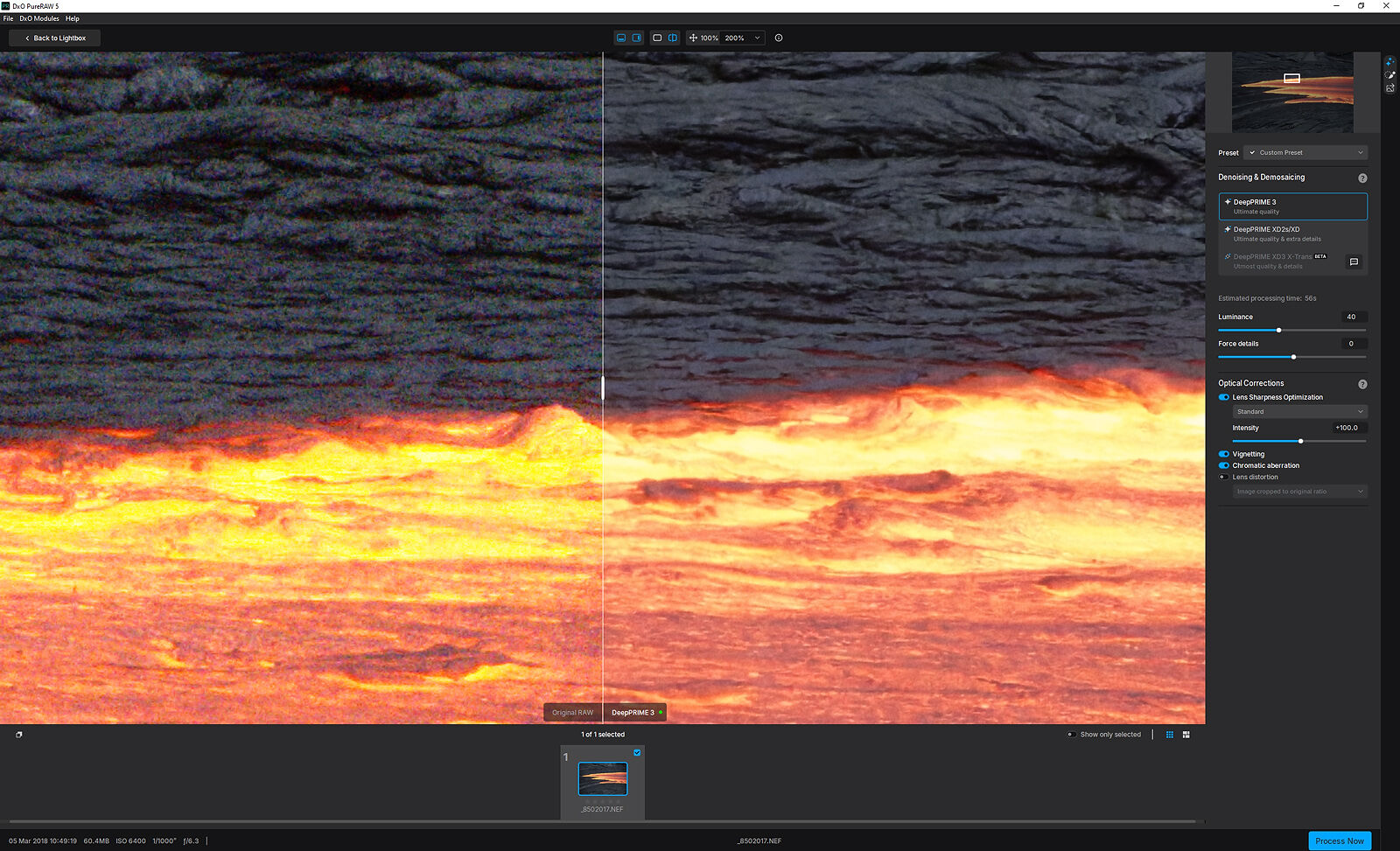 A screenshot image of lava being processed in the DxO PureRAW 5 Lightbox interface.