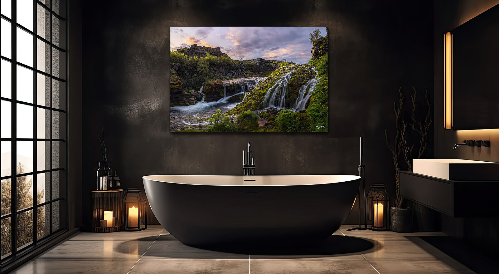 Waterfall photo wall art with candles and accent lighting in a relaxing ensuite bathroom.