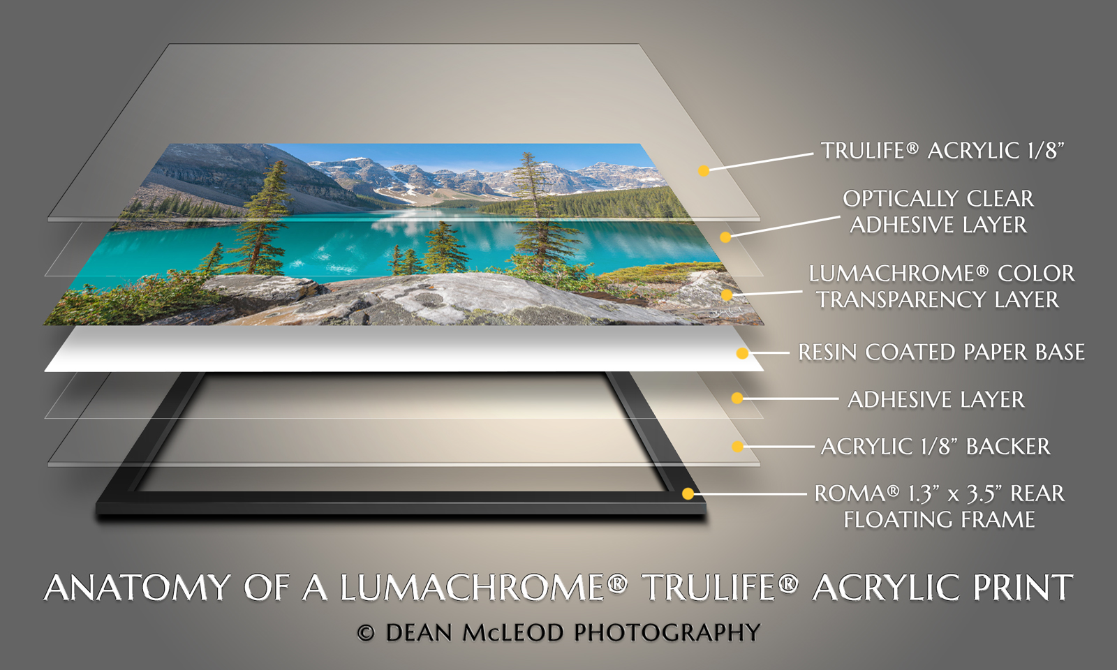 Infographic illustrating the multiple layers of a large Lumachrome TruLife acrylic photography print.