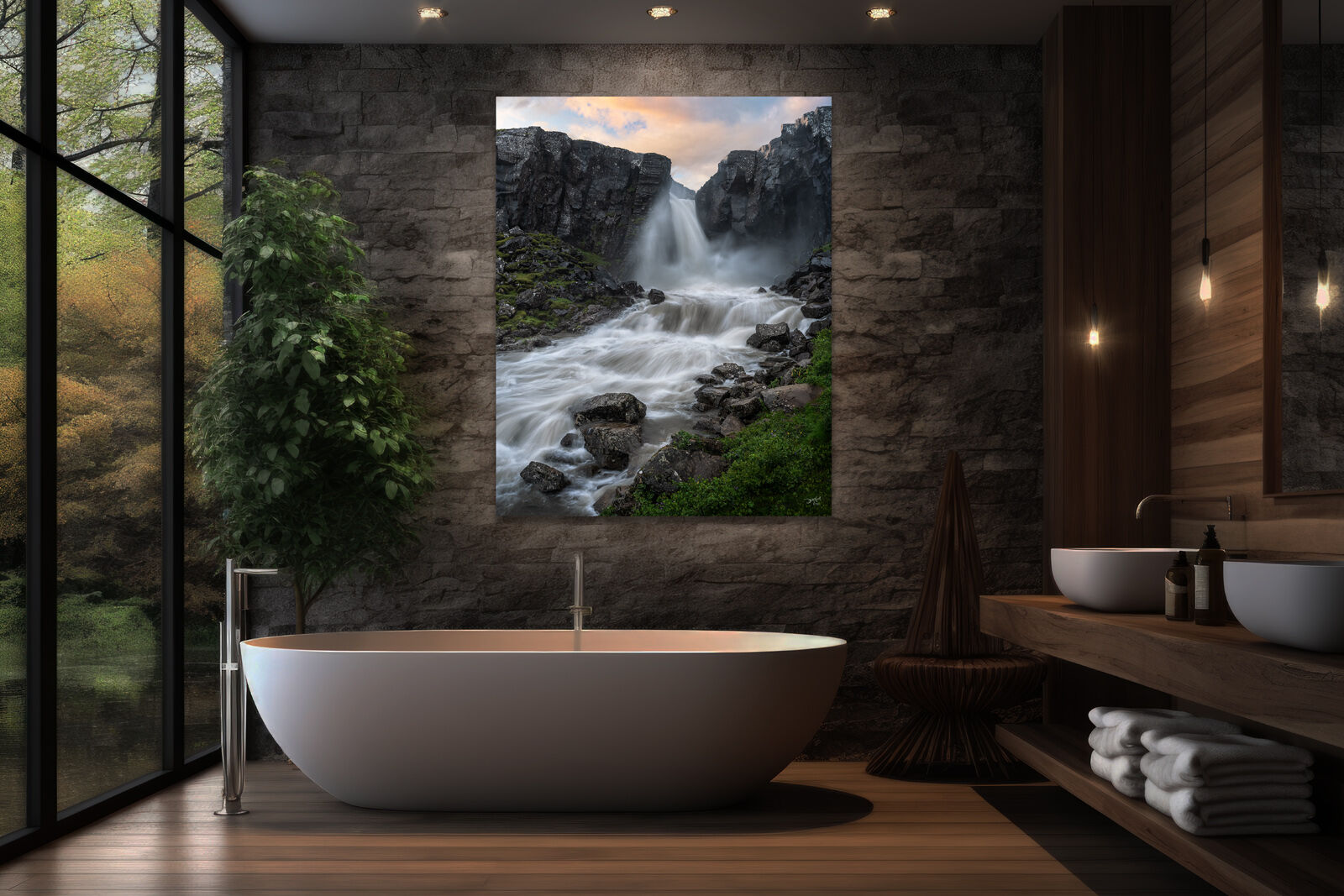 A large photographic print of Folaldafoss waterfall in Iceland hangs over a bathtub in an upscale home.