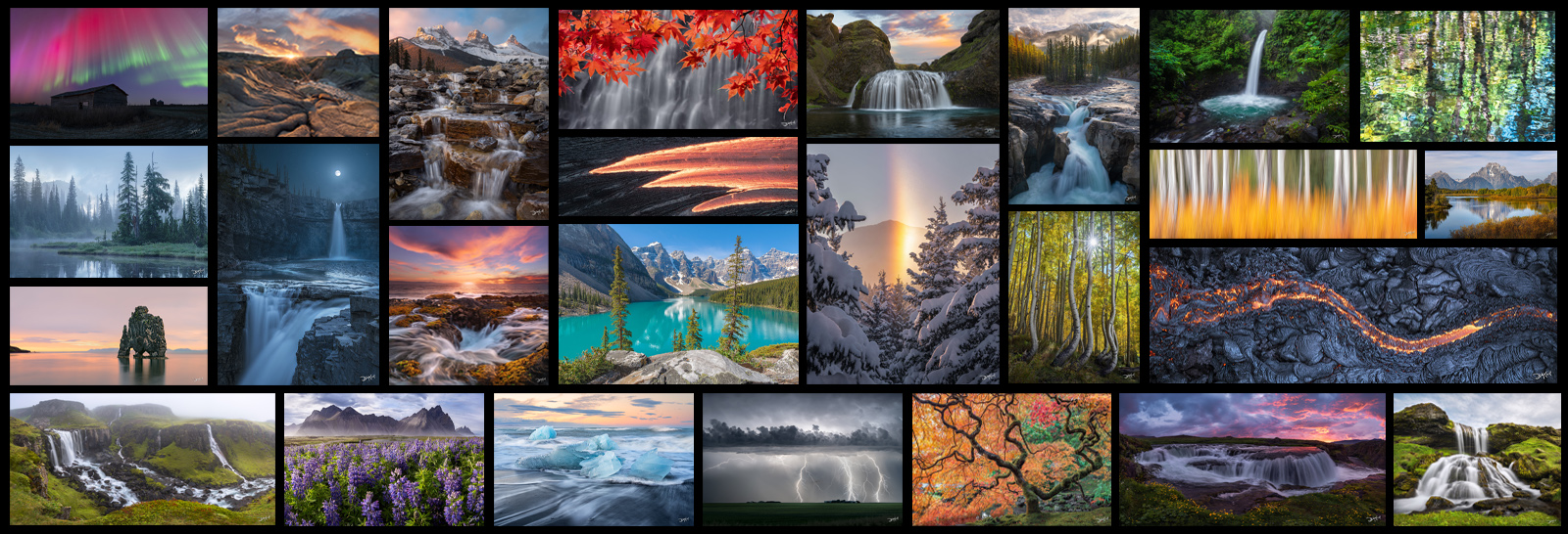 Collage of limited-edition landscape photography including mountains, waterfalls, forests, and prairie scenes by Dean McLeod.