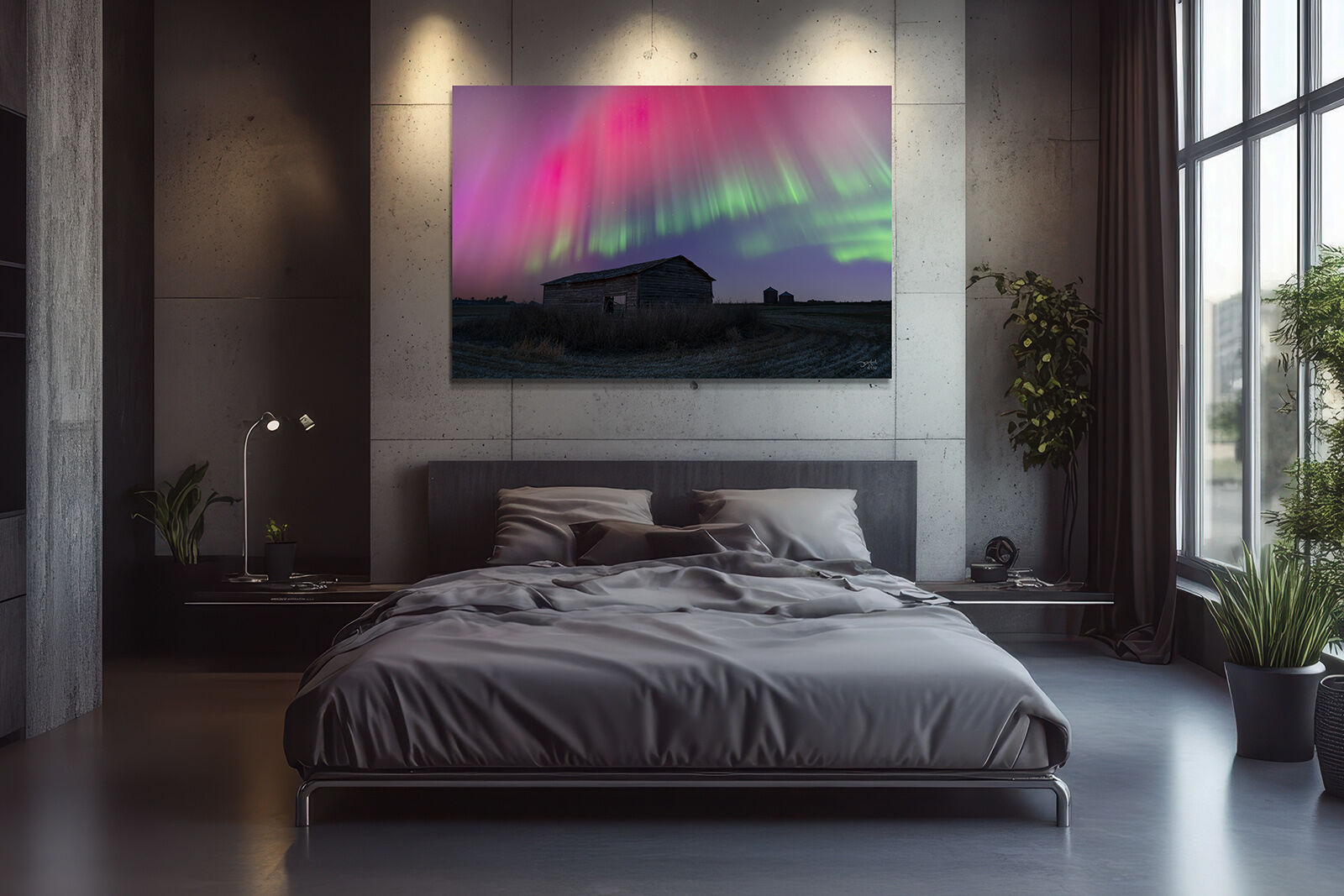 A large print of colorful aurora, processed with PureRAW 5, hangs in an upscale bedroom.