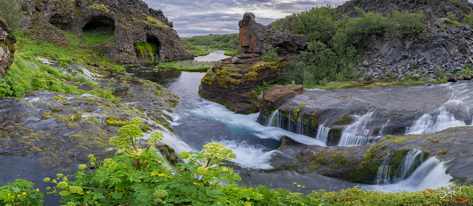 Panoramic view of Gj&aacute;in waterfall valley in Iceland.