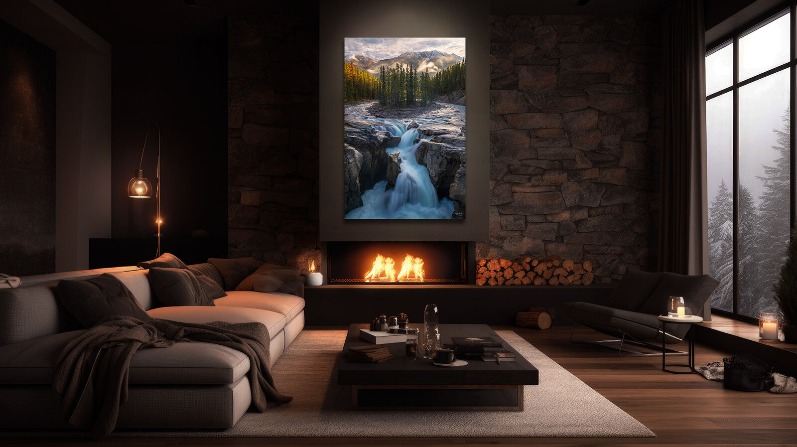 Sunwapta Falls fine art photography print displayed in a mountain home interior.