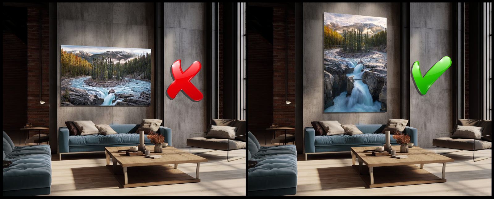 Infographic of how tall narrow walls look better with big vertical wall art instead of horizontal art which crowds the edges of the wall.