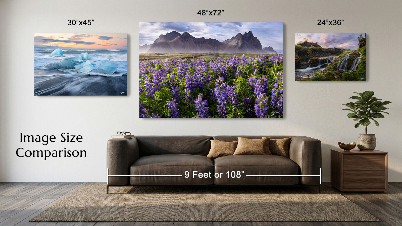 Infographic illustrating different sized photographic prints on a wall with a sofa beneath, for size comparison.