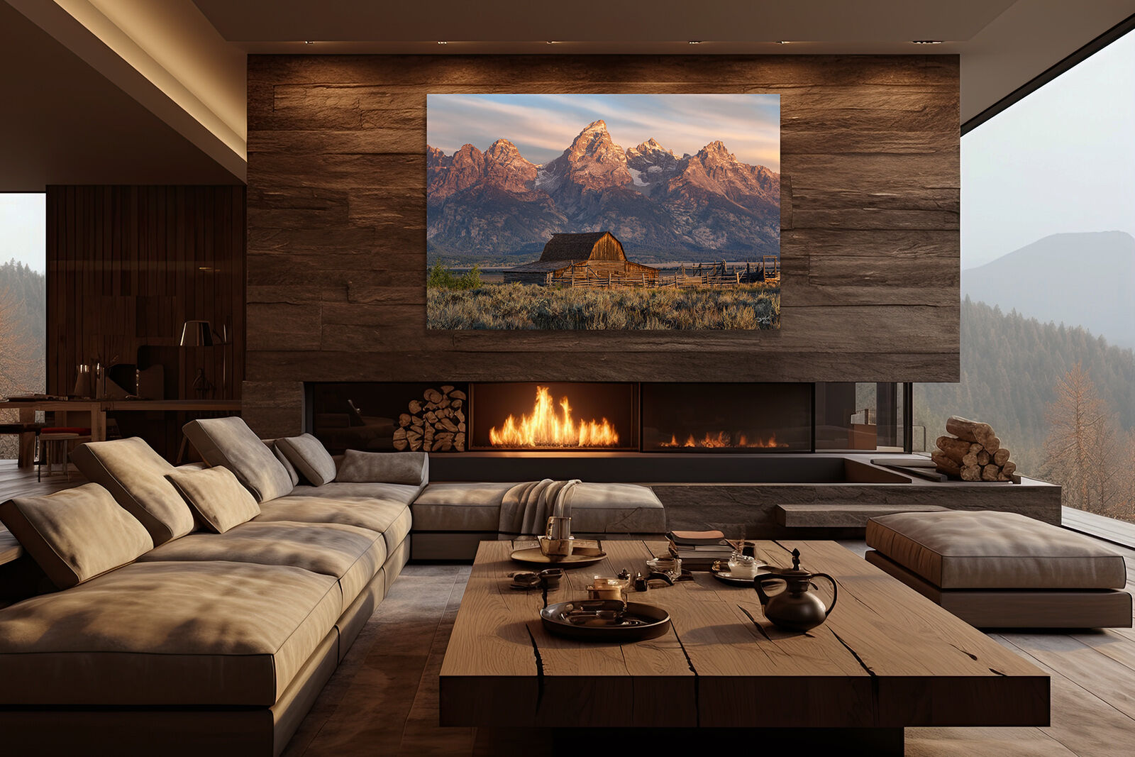 A large photographic print of the John Moulton Barn in Grand Teton National Park hangs over a fireplace in an upscale living room.