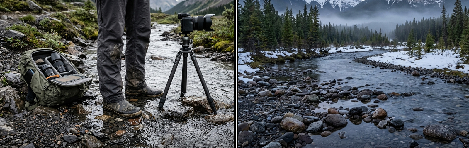 The creative process behind a fine art landscape photograph, showing the patience, preparation, and exploration involved in creating the Three Sisters waterfall image in the Canadian Rockies.